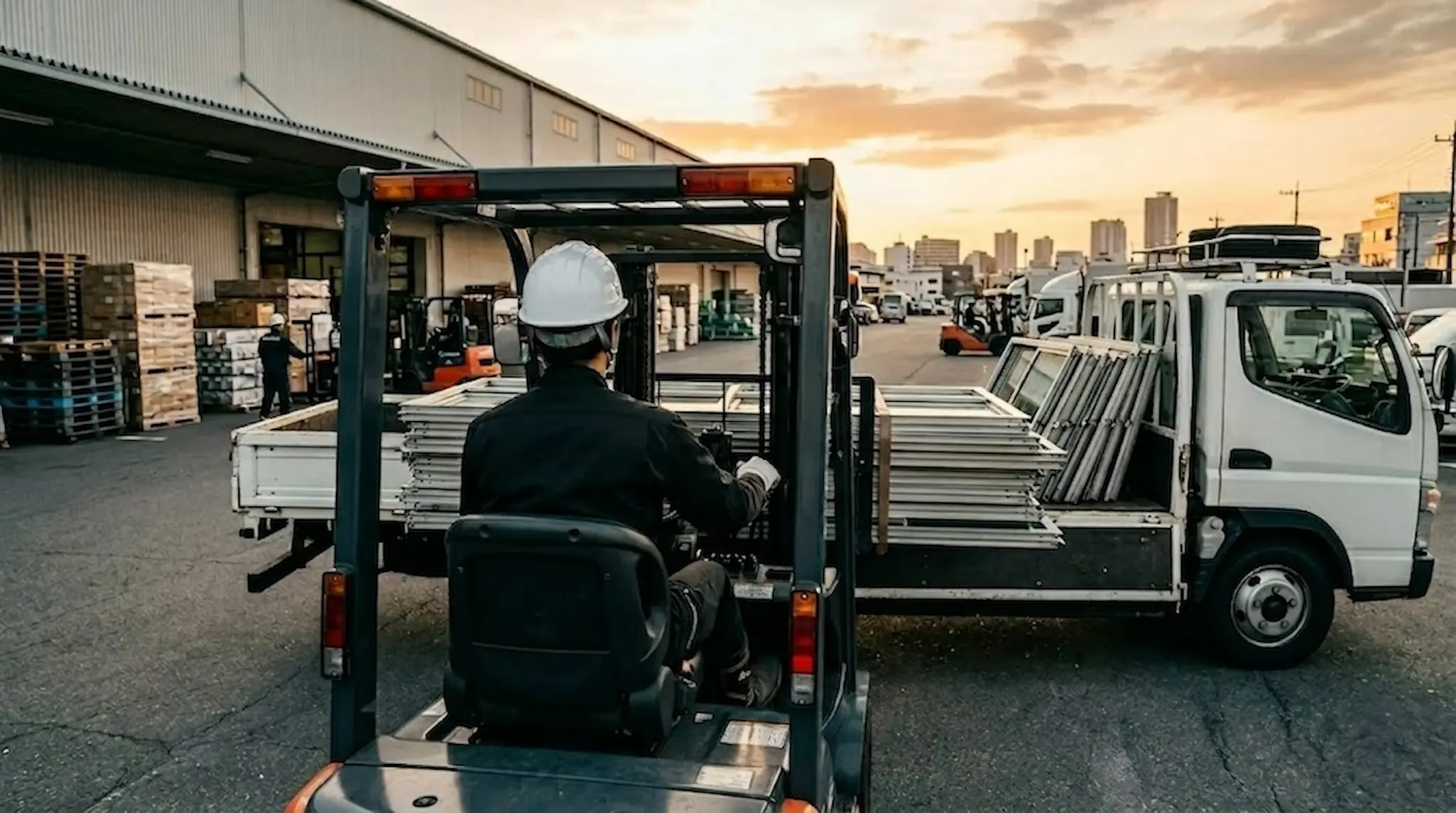 建設現場でヘルメットをかぶって立っている作業員の写真