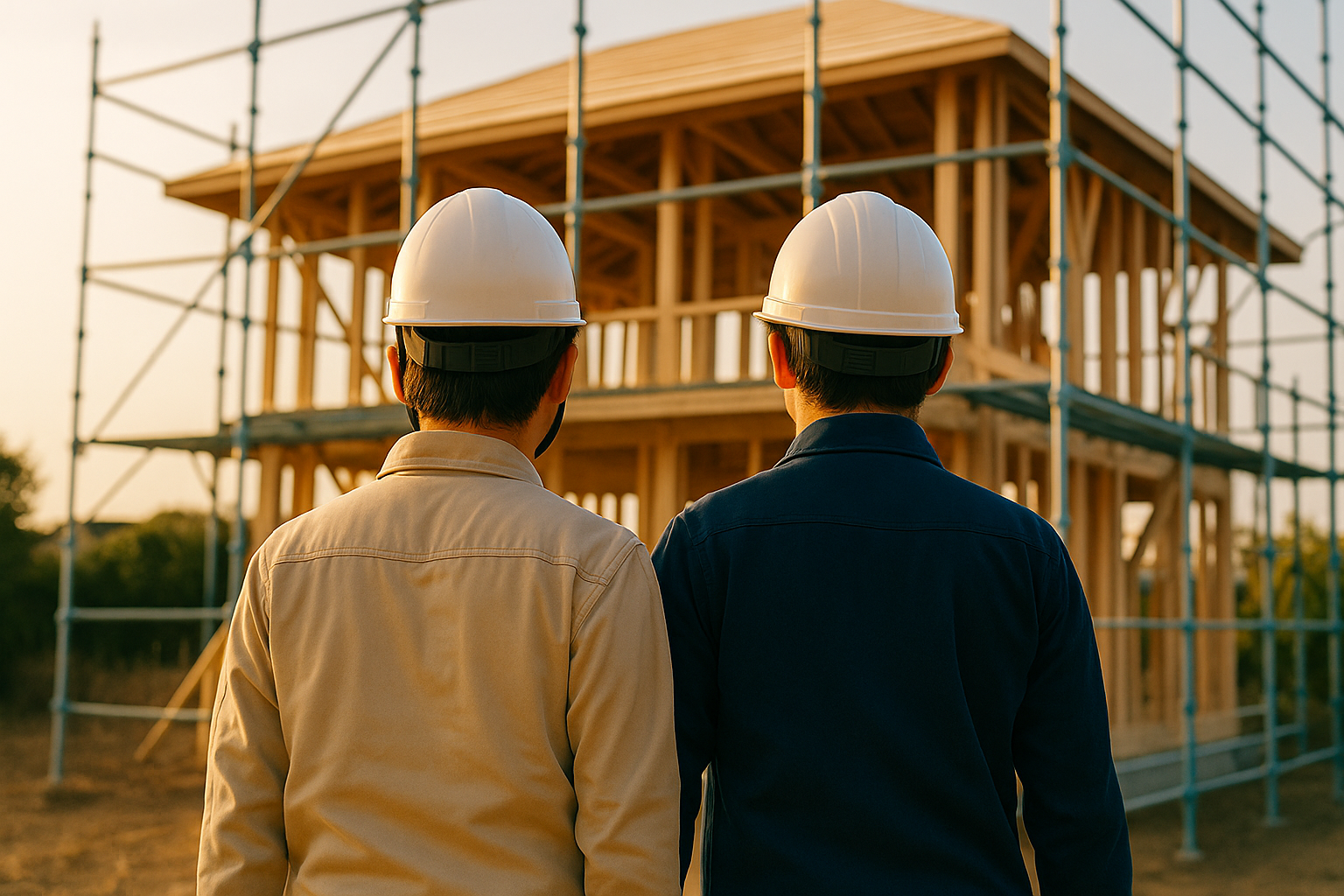 木造住宅の建設現場で荷揚げ作業を担う男性作業員が肩を組む様子